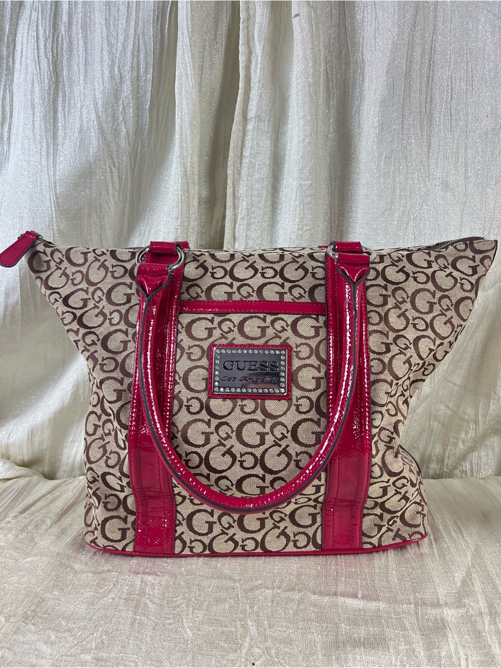GUESS Beige Monogram Tote with Hot Pink Patent Trim